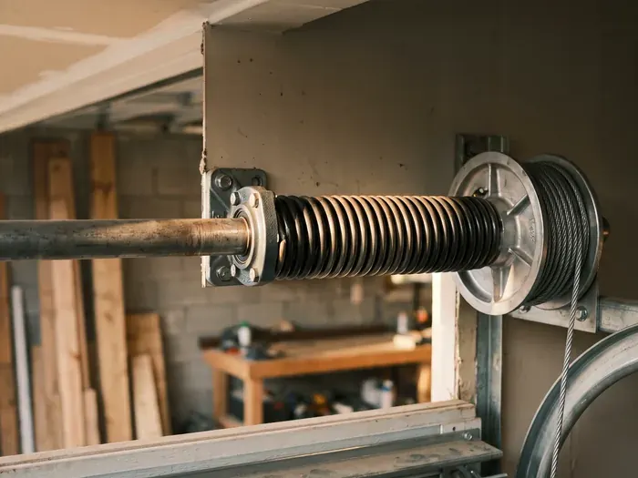 A close daylight detail of a new torsion spring and drum on a garage door shaft, the cable wound clean, no people