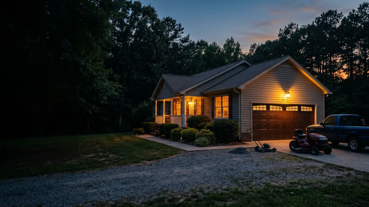 A home in Stanfield with a new dark garage door and clean panel lines