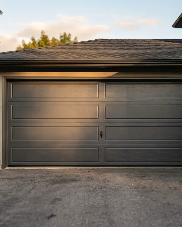 A new insulated steel garage door in a dark finish on a two car garage