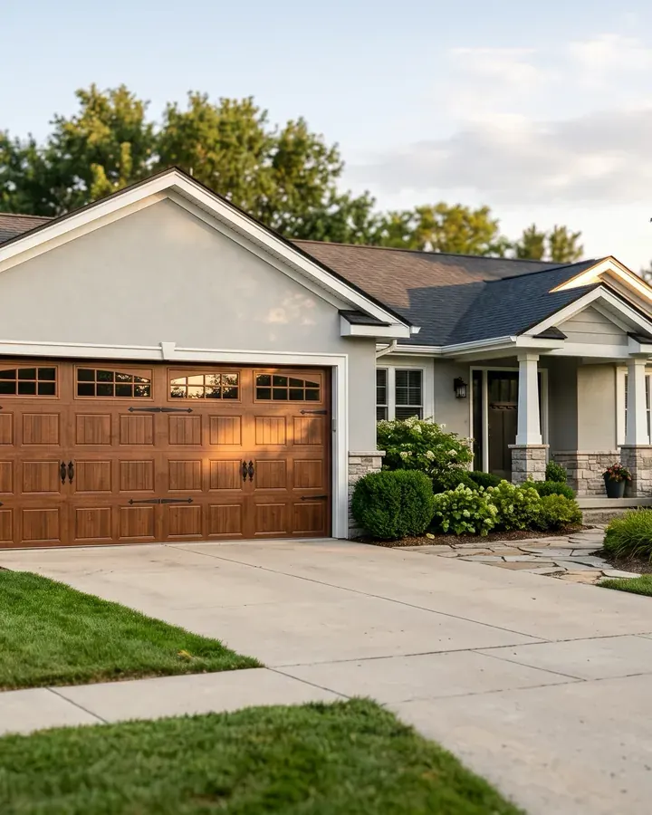 A carriage style garage door with windows across the top row