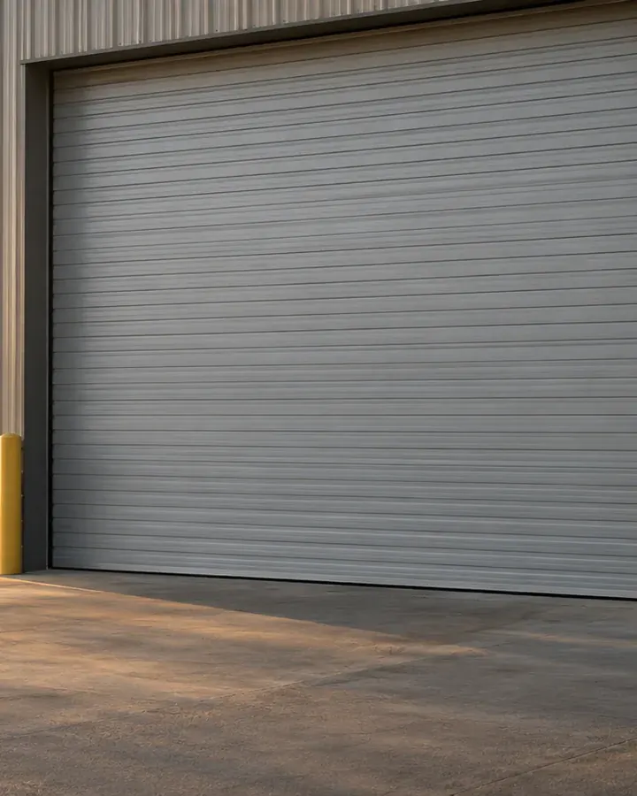 A commercial roll up door on a shop bay